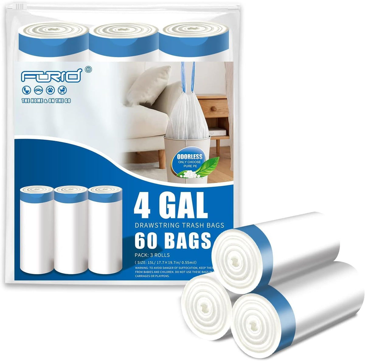 FORID Small Drawstring Trash Bags - 4 Gallon Plastic Garbage Bags White Unscented Can Liners 60