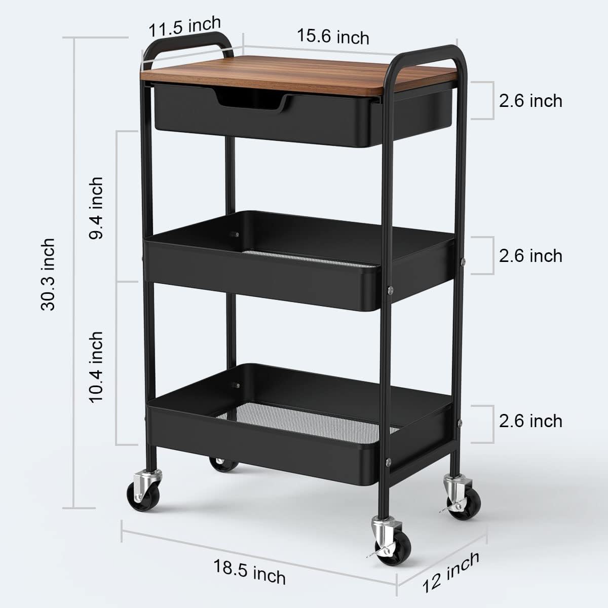 3 Tier Rolling Cart with Drawer, Metal Utility Cart on Wheels Storage Cart with Wood Top, Kitchen