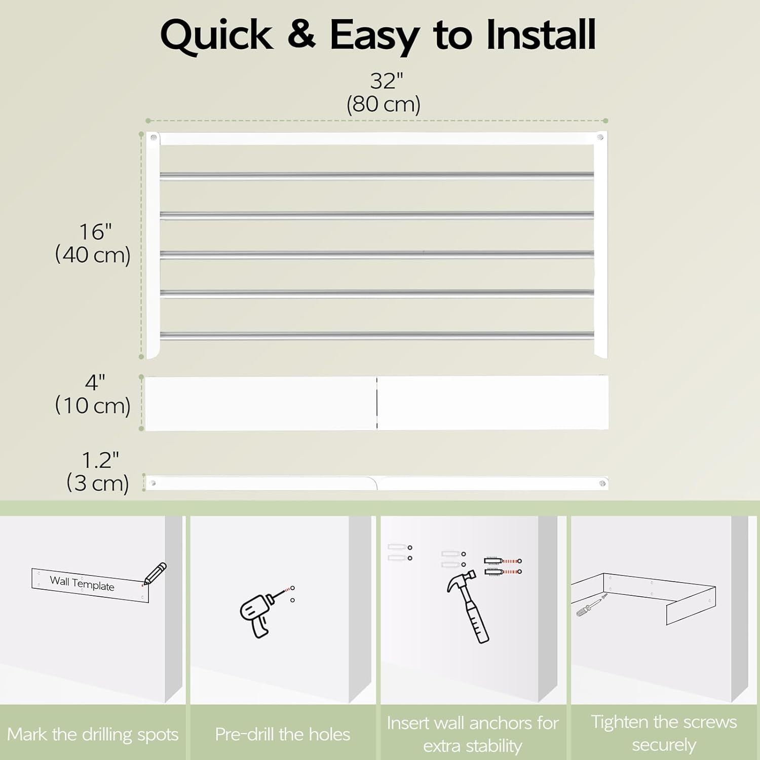 Wall Mounted Clothes Drying Rack 32", Foldable Wall Mount Laundry Rack Folding Indoor, Drying Rack
