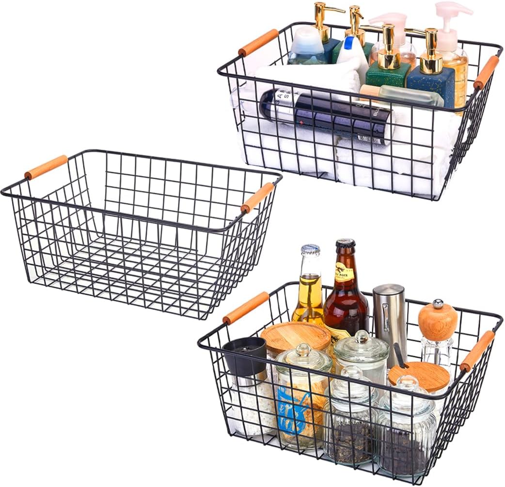 LeleCAT Large black wire baskets with Wooden Handles for storage pantry, Storage Organizer Baskets