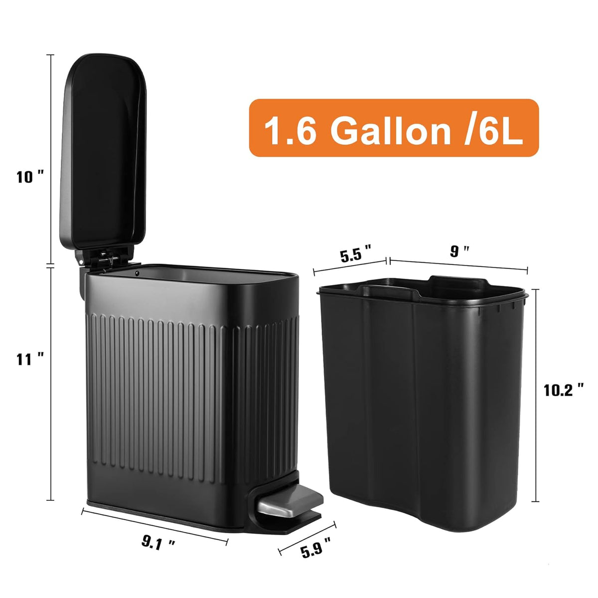 TrashAid Small Black Bathroom Trash Can with Lid Soft Close, 6 Liter / 1.6 Gallon, Stainless Steel