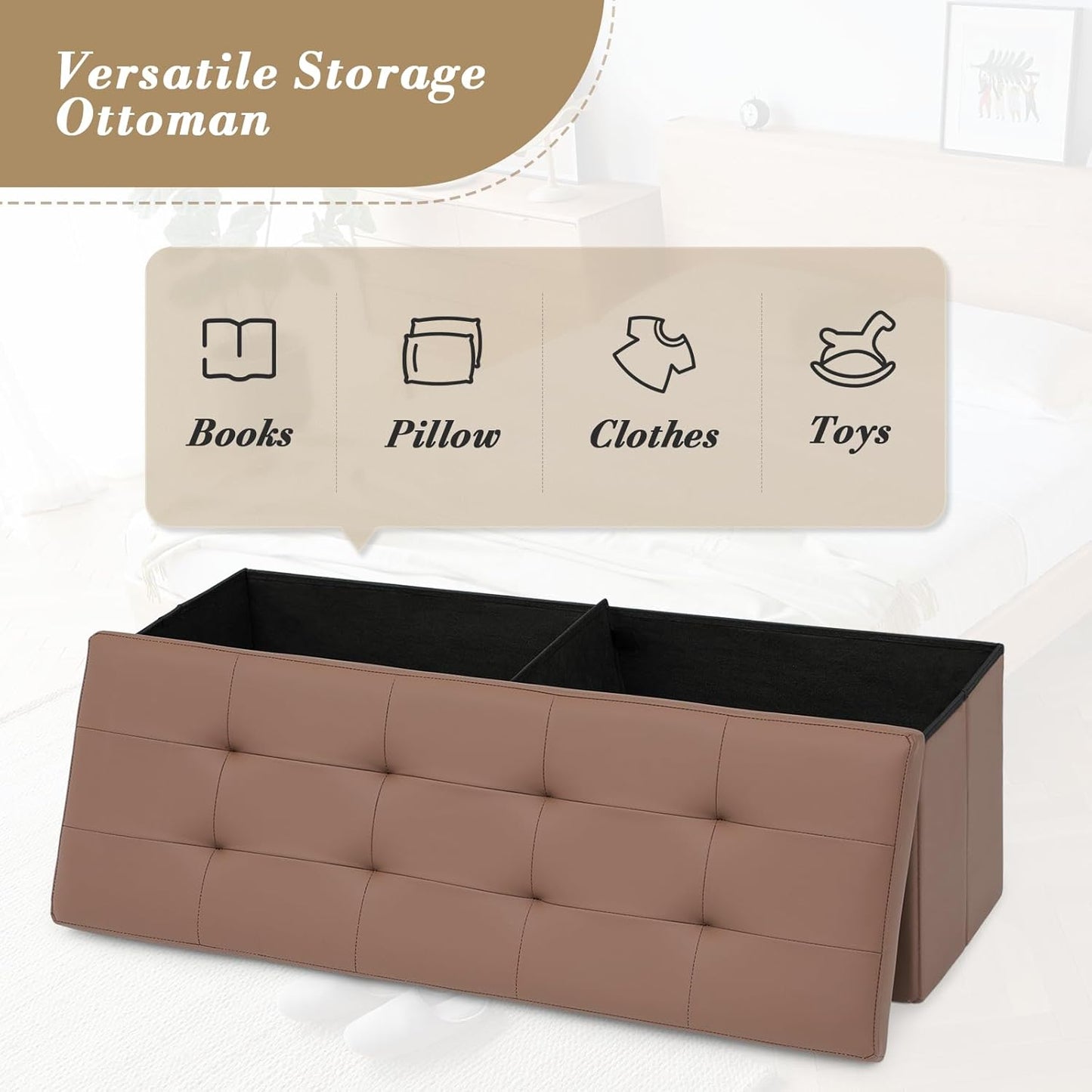 Athena Collection 43" Storage Ottoman Bench Folding Bench with 130L Hidden Storage, Large End of