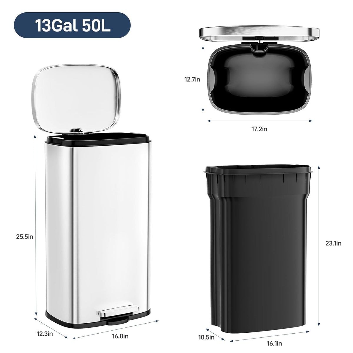 Arlopu 13.2 Gallon Step Trash Can, Stainless Steel Garbage Bin, Soft-Close Rubbish Bin with