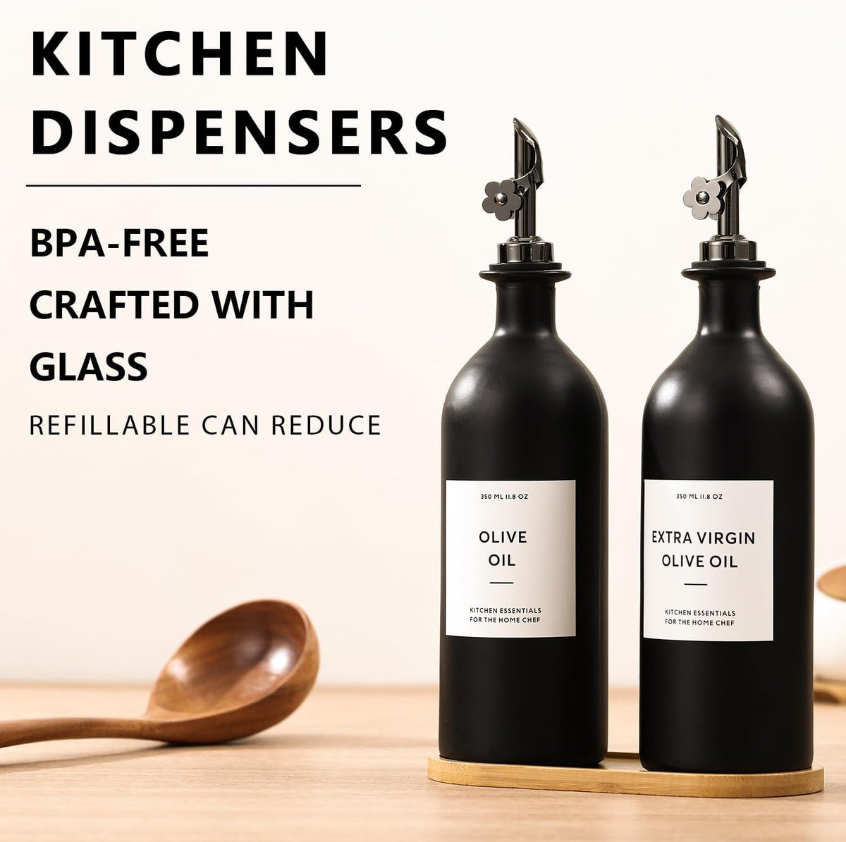 HOMCDALY Olive Oil Dispenser for Kitchen, 16oz Glass Oil Bottles with Bamboo Tray, Black