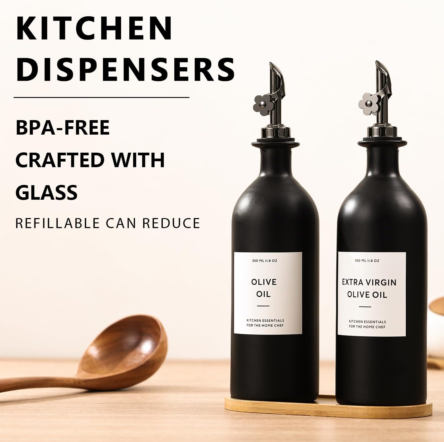 HOMCDALY Olive Oil Dispenser for Kitchen, 16oz Glass Oil Bottles with Bamboo Tray, Black