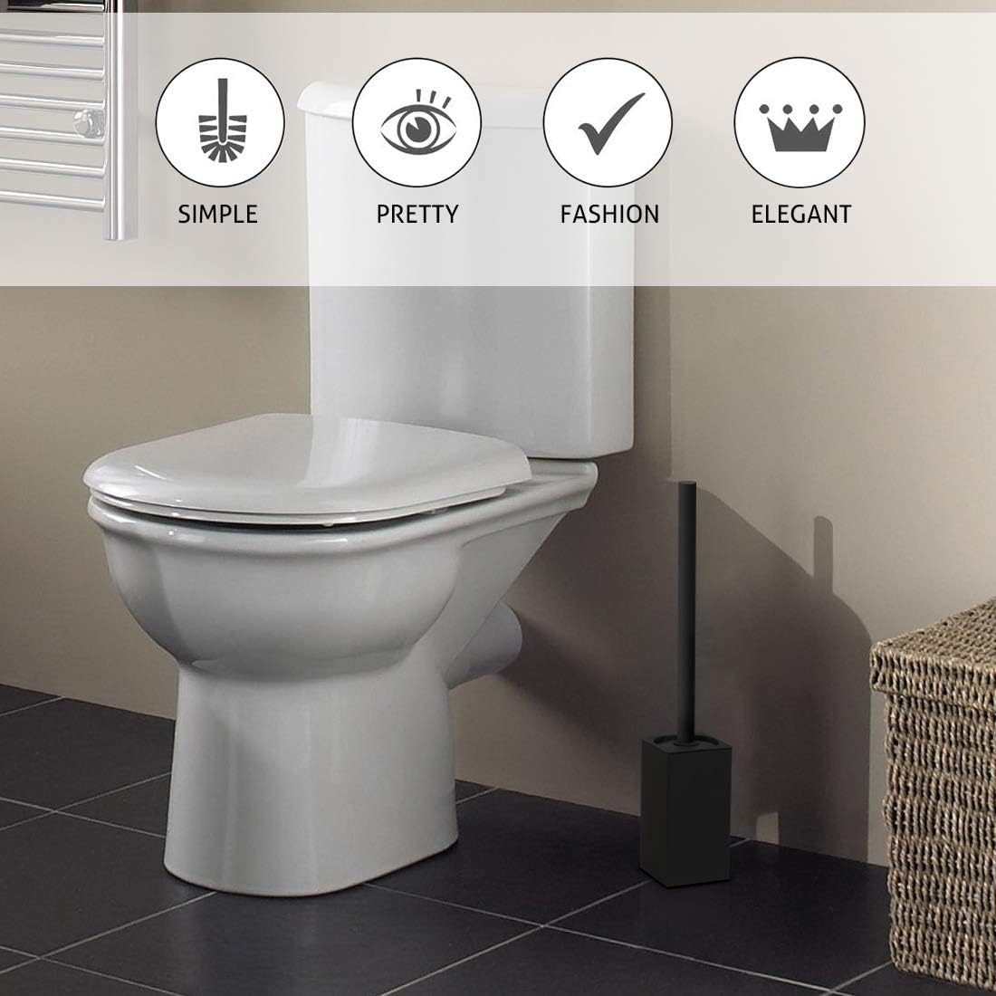 Toilet Brush Holder Stainless Steel 304 Standing Black Square Toilet Brush Holder for Bathroom