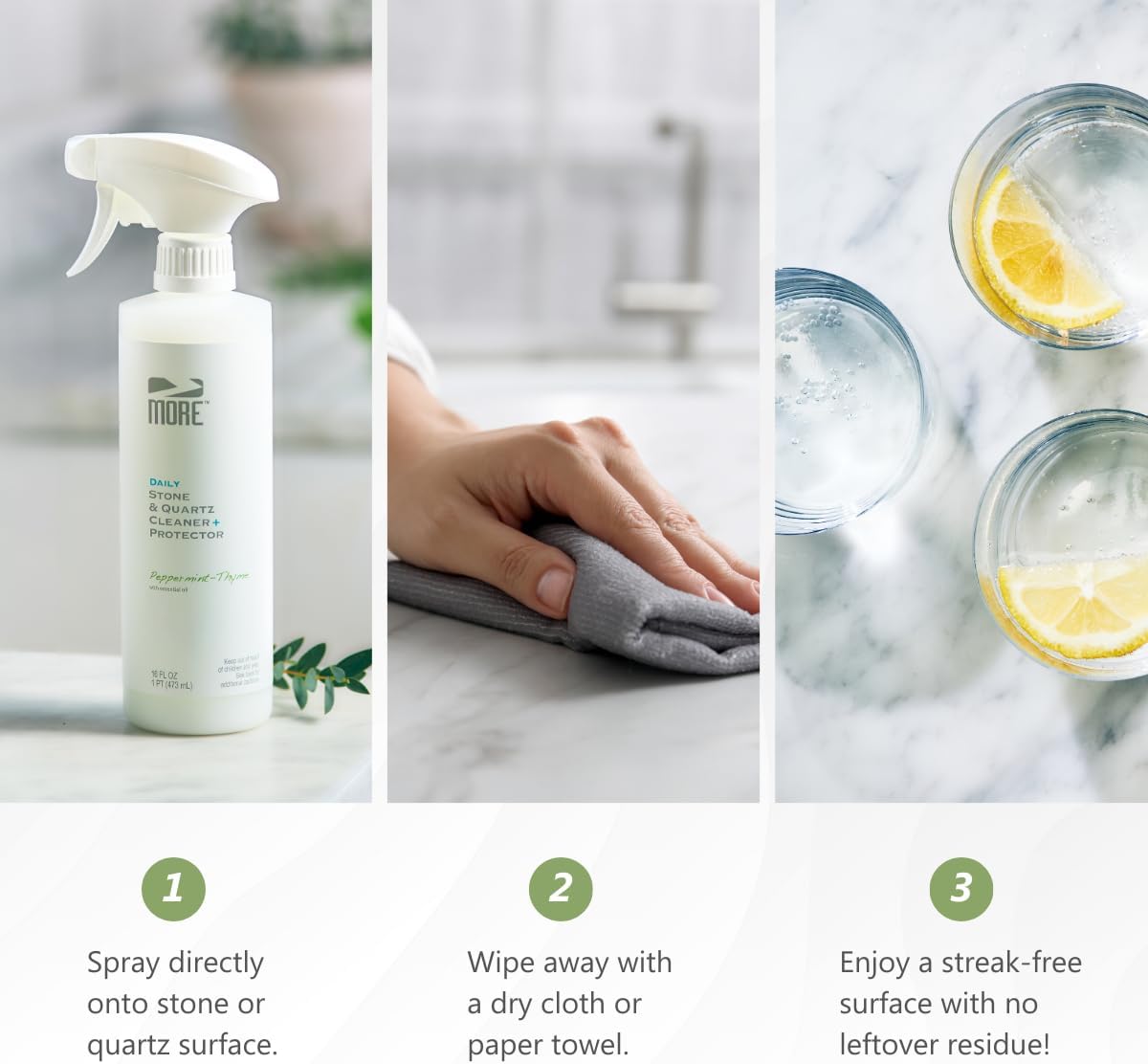 MORE Stone & Quartz Cleaner + Protector - Water-Based Surface Spray - Granite, Quartz & Marble