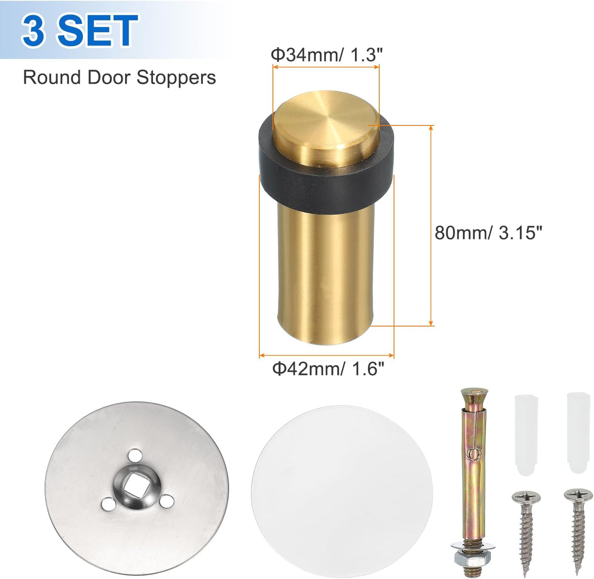 PATIKIL 3Set Round Door Stoppers, 80mm Stainless Steel Door Stop Doorstop Wedge Metal Cylinder Self