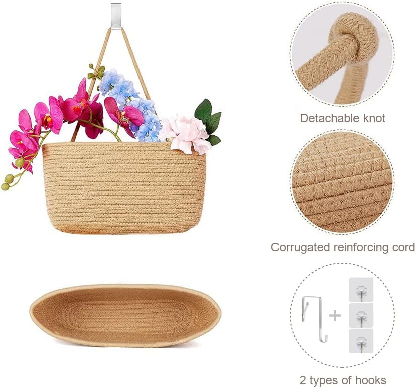 TeoKJ Over the Door Hanging Basket, 3-Tier Woven Cotton Wall-Mounted Storage Organizer Bag