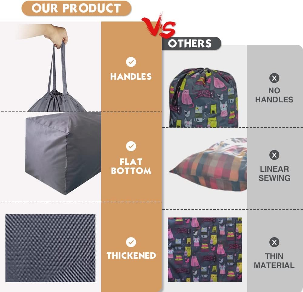 Washable Travel Laundry Bag with Handles and Drawstring (2 Pack), Heavy Duty Large Enough to Hold 3