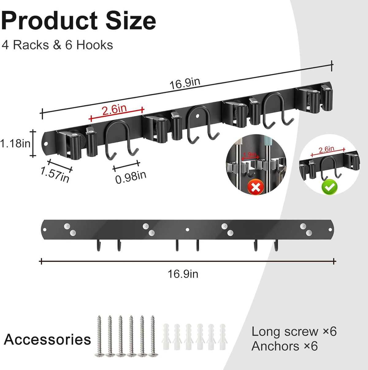 Broom Holder Wall Mount, 2 Packs Black Stainless Steel Tool Storage Organizer for Kitchen Garden