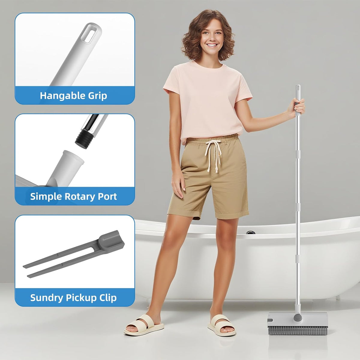 Scrub Brush with Long Handle, Floor Scrub Brush Squeegee Broom for Cleaning, 3 in 1 Shower Scrubber