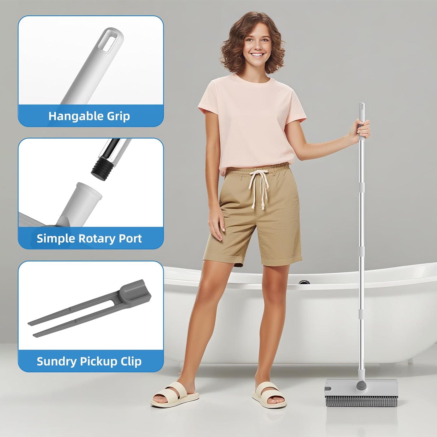 Scrub Brush with Long Handle, Floor Scrub Brush Squeegee Broom for Cleaning, 3 in 1 Shower Scrubber