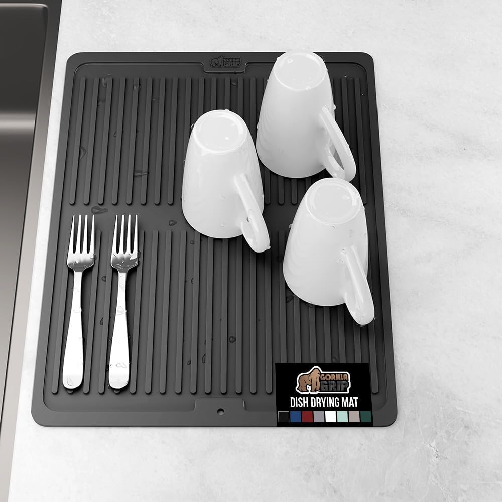 GORILLA GRIP 100% BPA-Free Patented Silicone Dish Drying Mat for Kitchen Counter, Water Catching