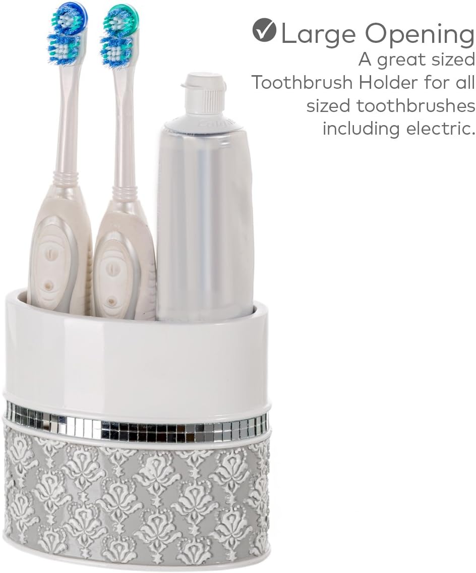 Creative Scents Mirror Damask Toothbrush Holder for Bathroom - Gray & White Toothbrush and
