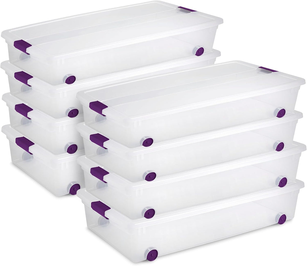 Sterilite 8-Pack 60 Quart ClearView Latch Box, Wheeled Underbed Organizer Bins with Latching Lids