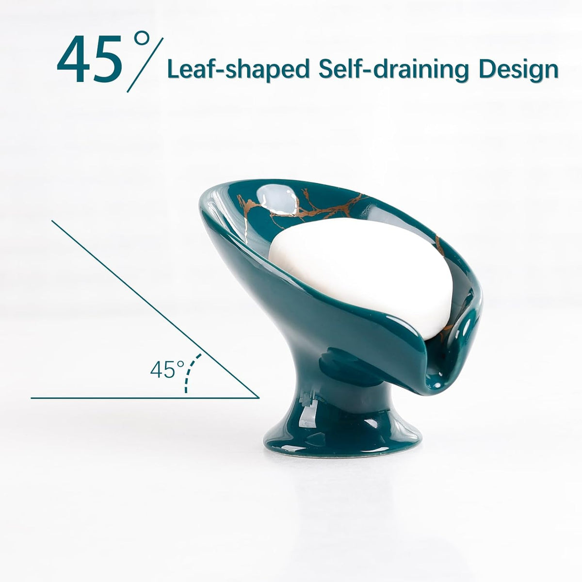 Soap Dish, Ceramic Soap Holder Self Draining Leaf Shape Bar Soap Holder, Marble Look Green Drain