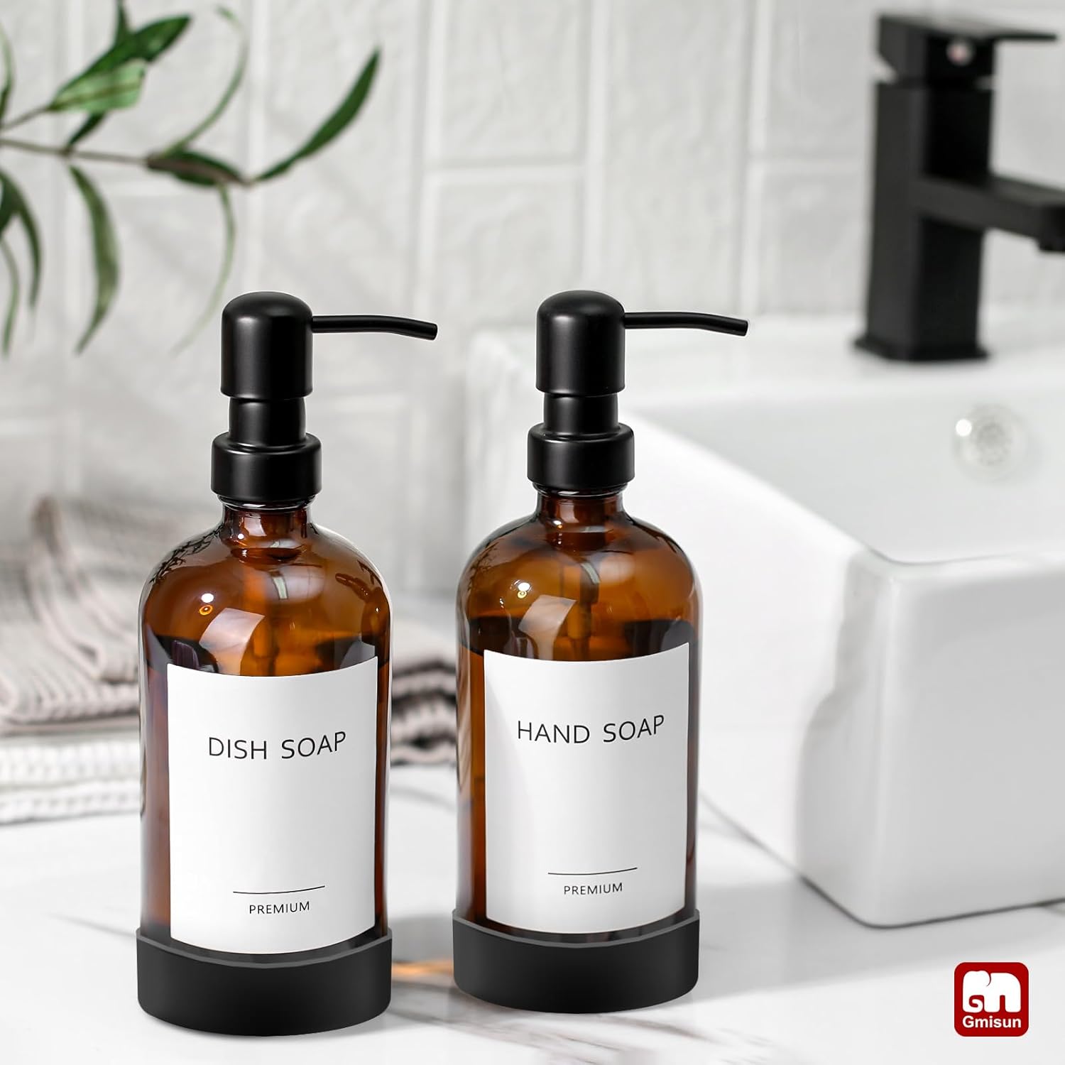 GMISUN Amber Glass Soap Dispenser with Silicone Sleeve Boot, 2 Pack Bathroom Hand Soap Dispensers