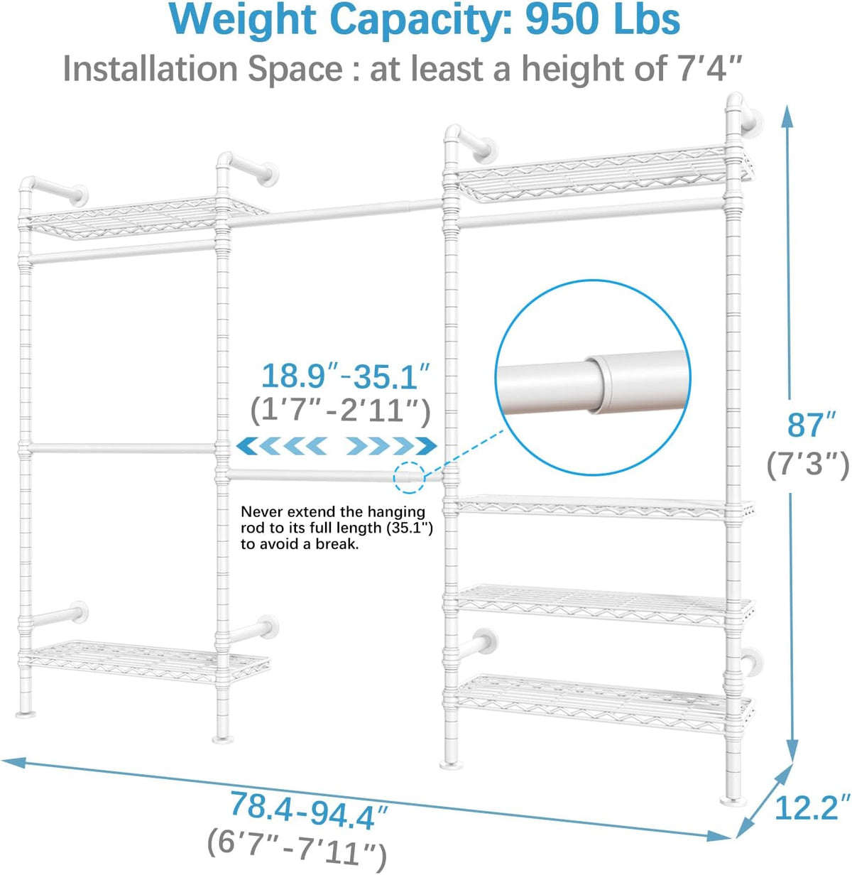 Timate F3 Garment Rack Heavy Duty Clothes Rack for Hanging Clothes, Expandable Industrial Pipe Wall