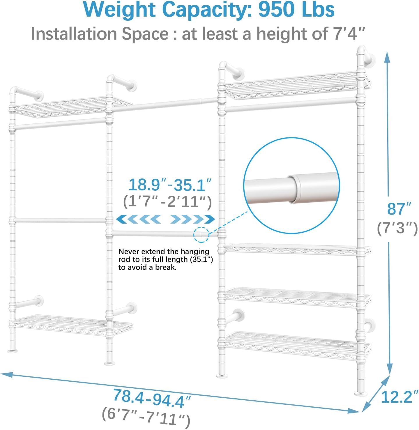 Timate F3 Garment Rack Heavy Duty Clothes Rack for Hanging Clothes, Expandable Industrial Pipe Wall