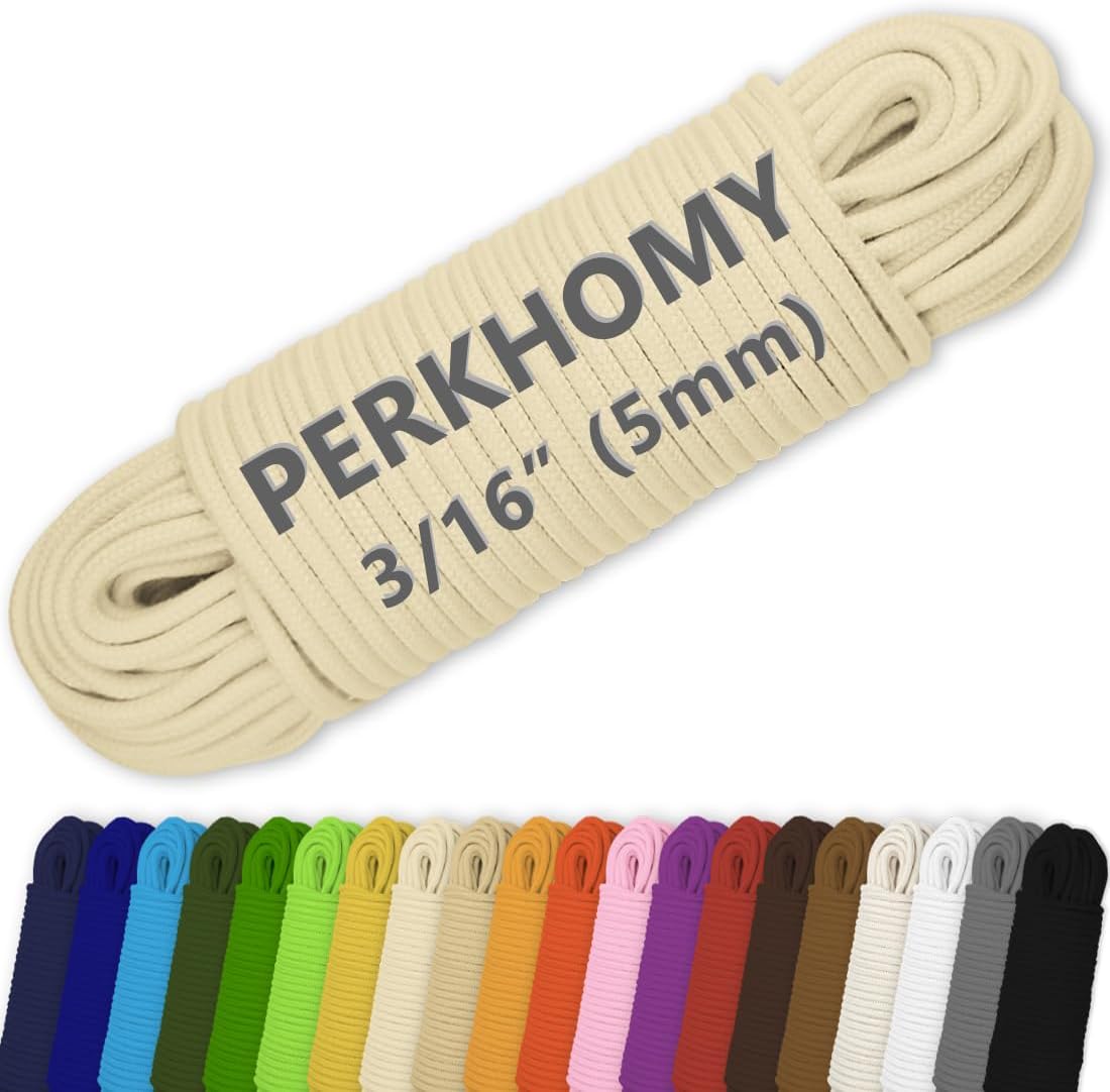 PerkHomy Cotton Rope 3/16" (5mm) 100 ft Multi Purpose Utility Diamond Braided Cord, Natural Cotton