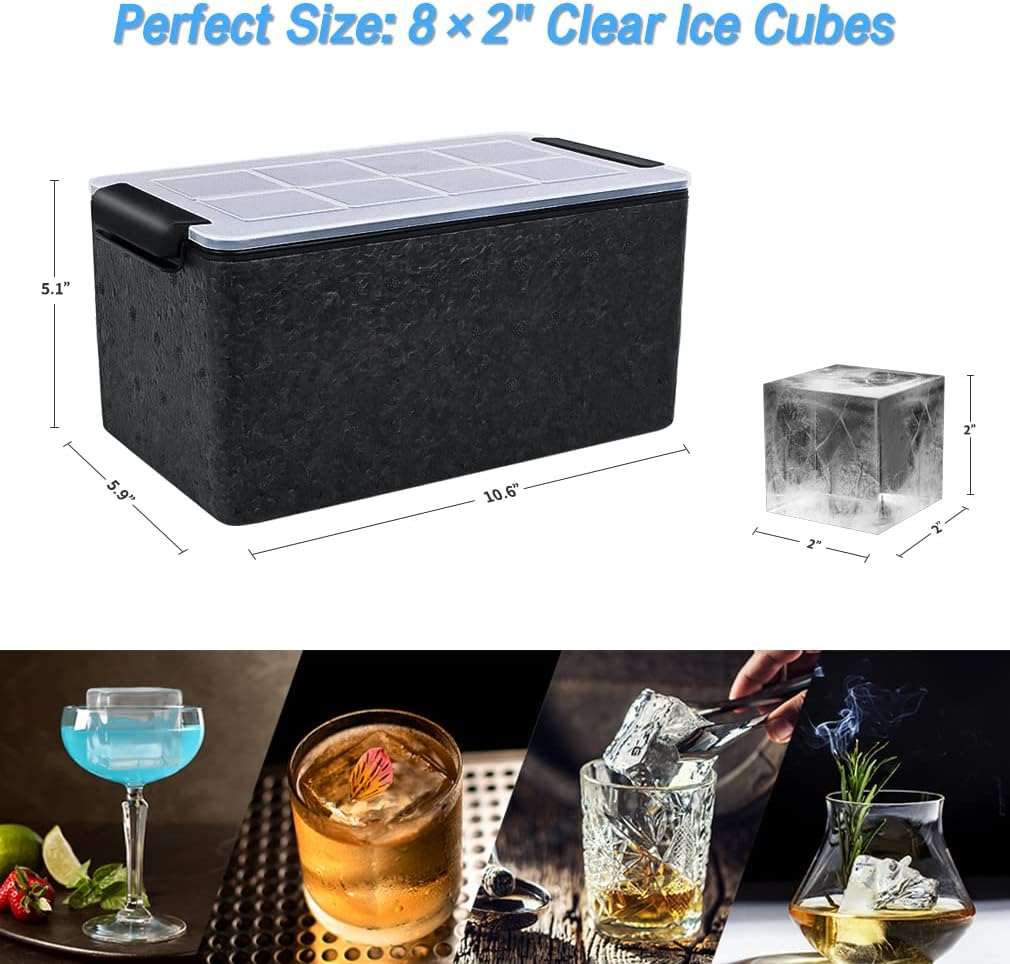 TINANA Upgrade 2 Inch Clear Ice Cube Tray Make 8 Large Square Crystal Clear Ice Cube Maker for