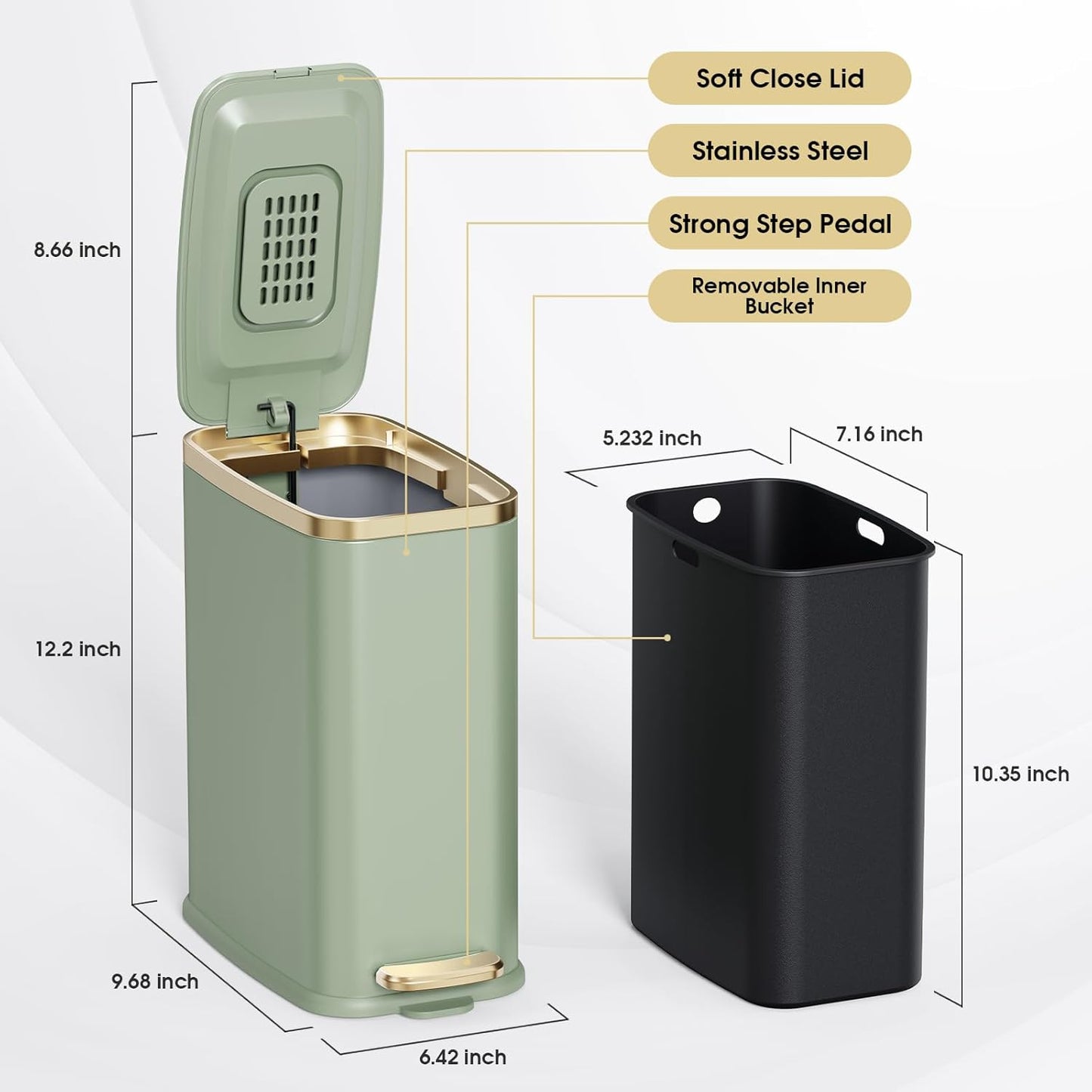 CEROELDA Small Bathroom Trash Can with Lid Soft Close-5L/1.3 Gal Slim Garbage Can-Metal Step