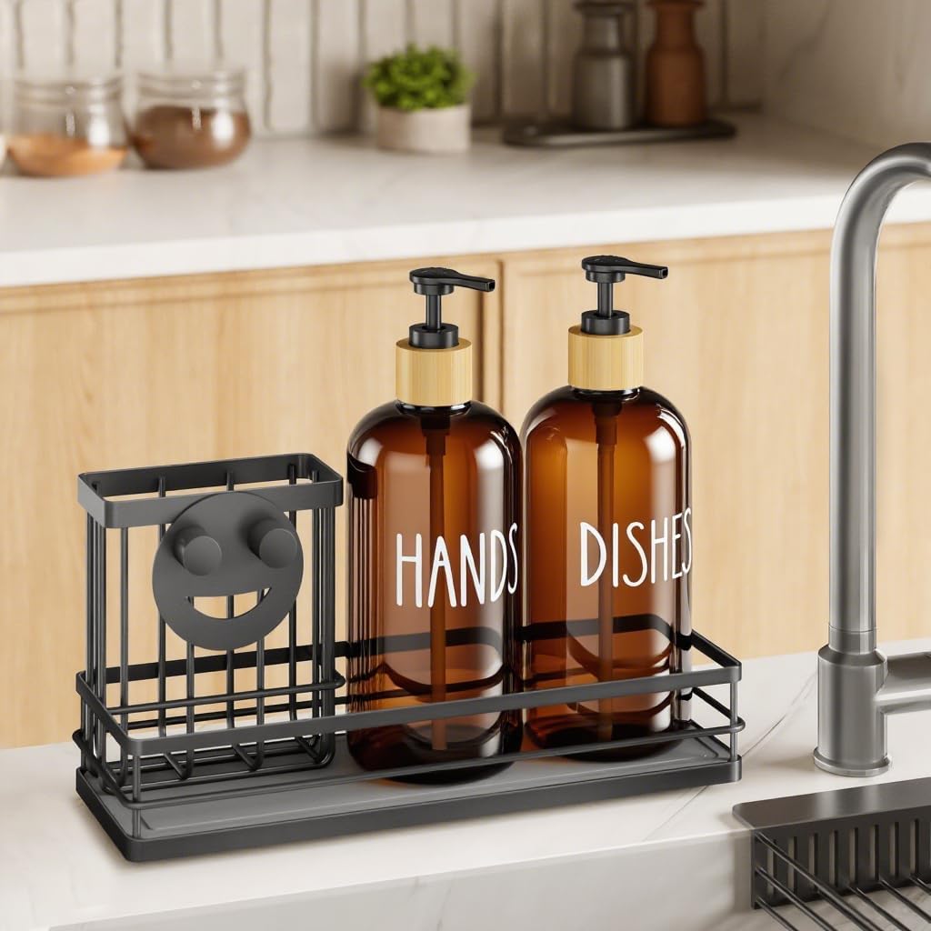 Moforoco Kitchen Dish Soap Dispenser Set, 16OZ Glass Bottle, Hand and Dish Soap Dispenser Set