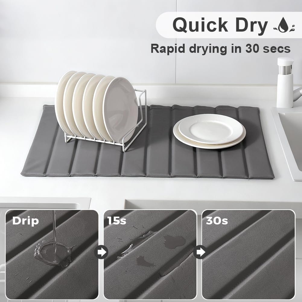 Large Stone Dish Drying Mat for Kitchen Counter, 25.2" × 16.1" Quick Dry Collapsible Diatomaceous