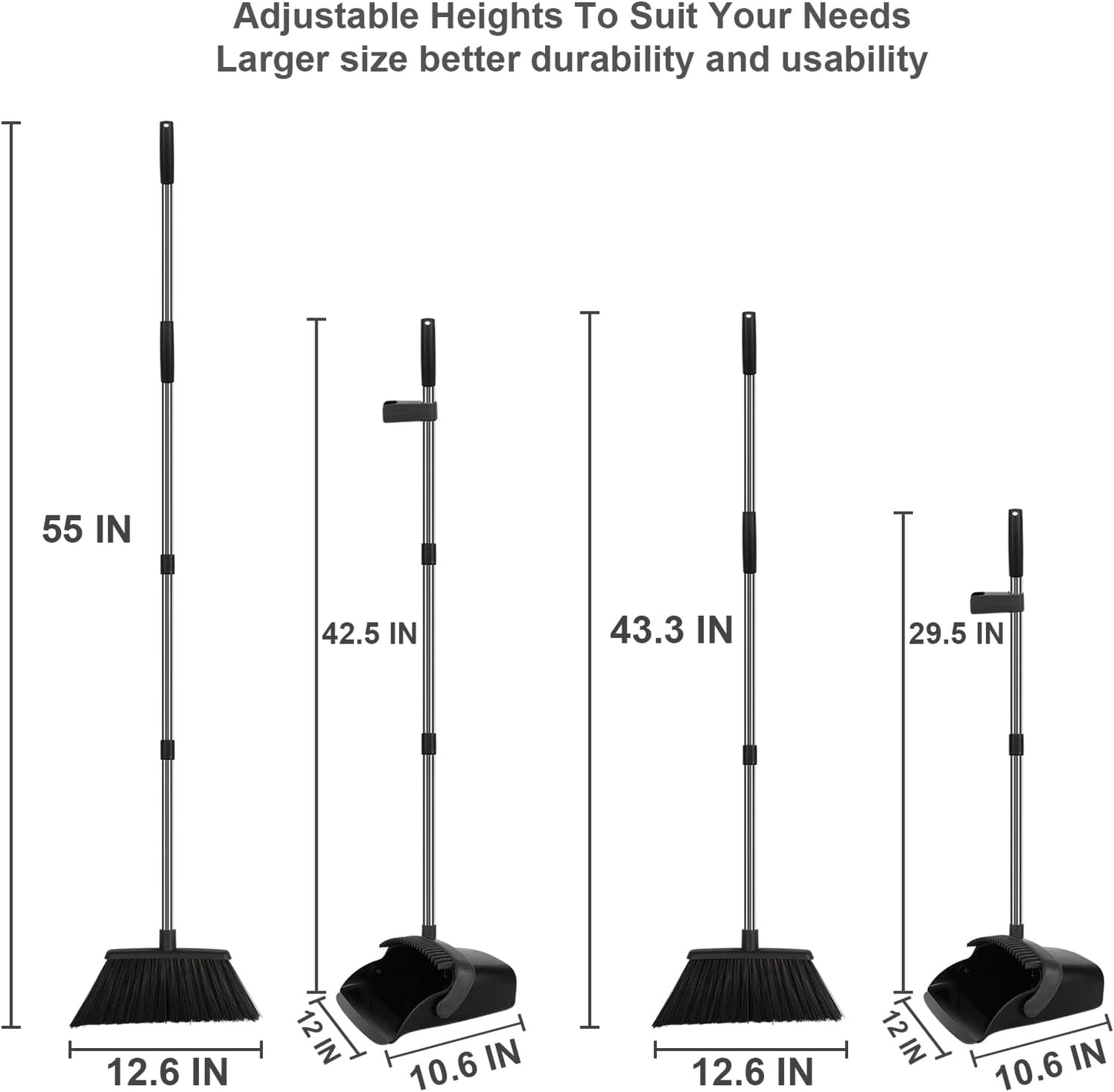 Broom and Dustpan Set, Large Household Broom with Dustpan Combo Set, 55" Long Handle Black Dust Pan