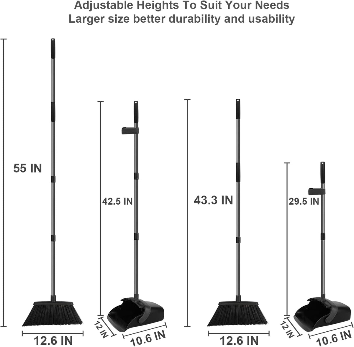 Broom and Dustpan Set, Large Household Broom with Dustpan Combo Set, 55" Long Handle Black Dust Pan