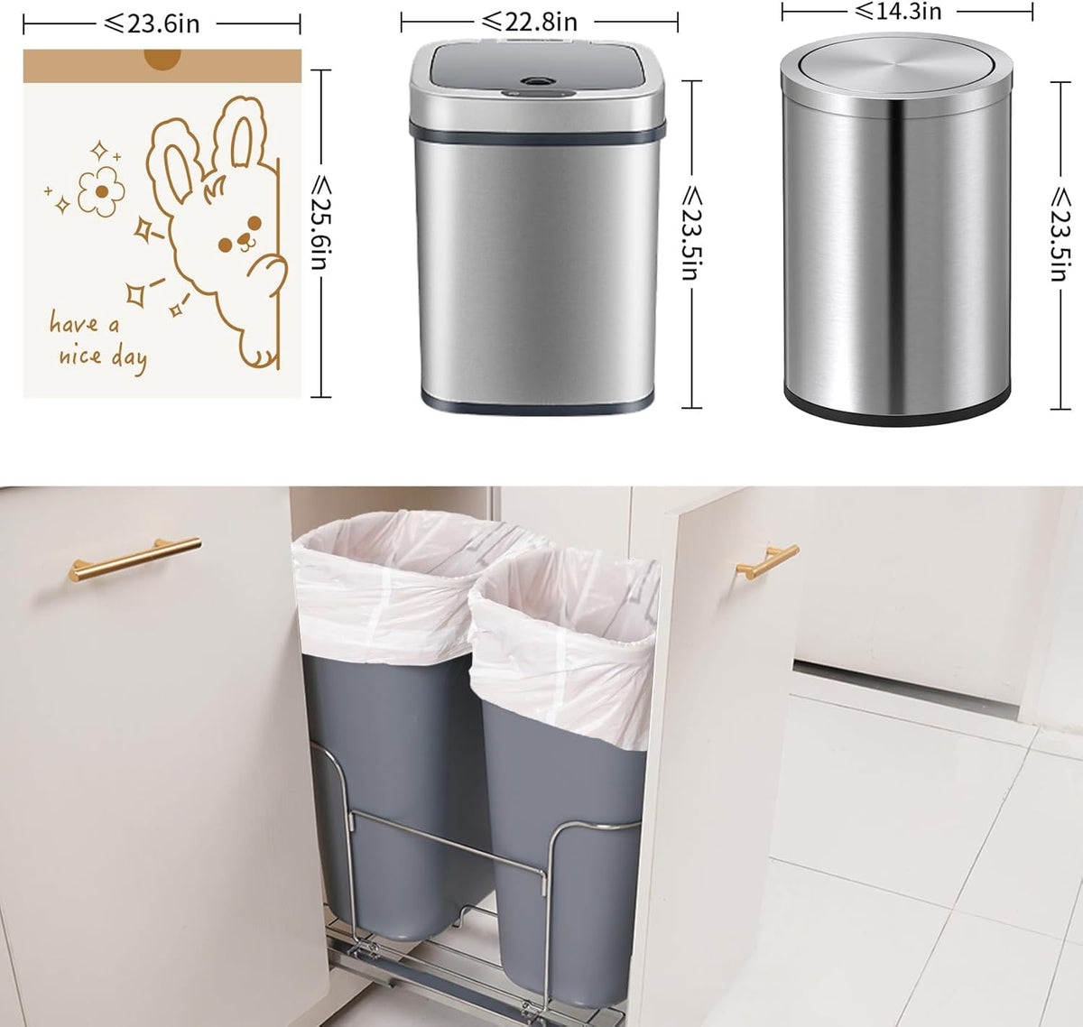 13 Gallon Trash Bags with Cute Rabbit Printed & Drawstring, Tear-Resistant Tall Kitchen Garbage