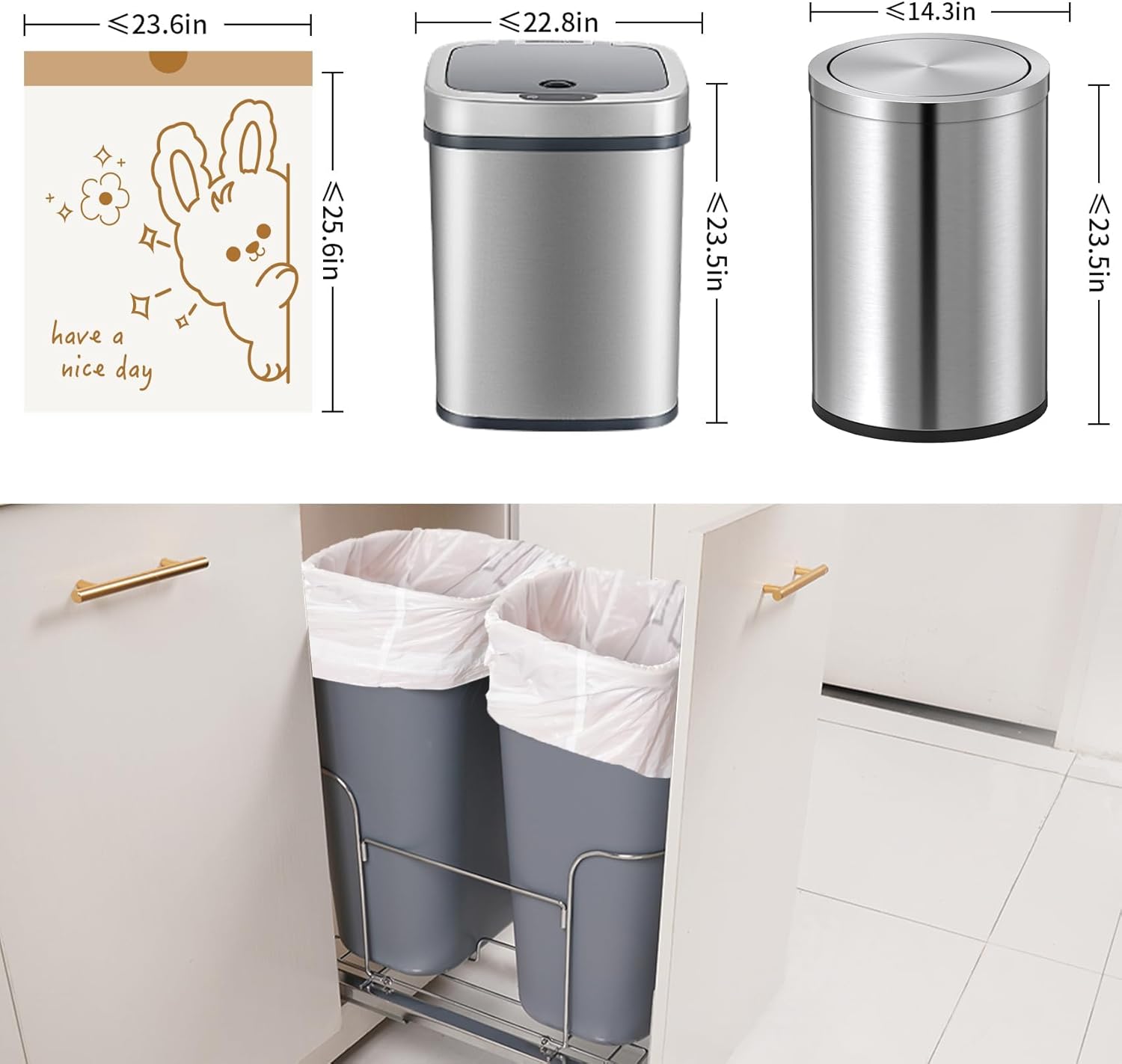13 Gallon Trash Bags with Cute Rabbit Printed & Drawstring, Tear-Resistant Tall Kitchen Garbage