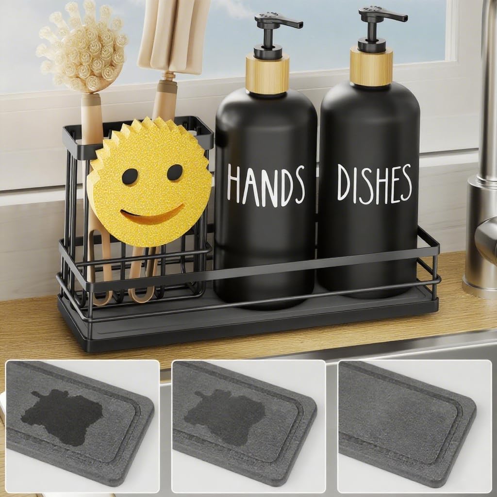 Moforoco Kitchen Dish Soap Dispenser Set, 16OZ Glass Bottle, Hand and Dish Soap Dispenser Set