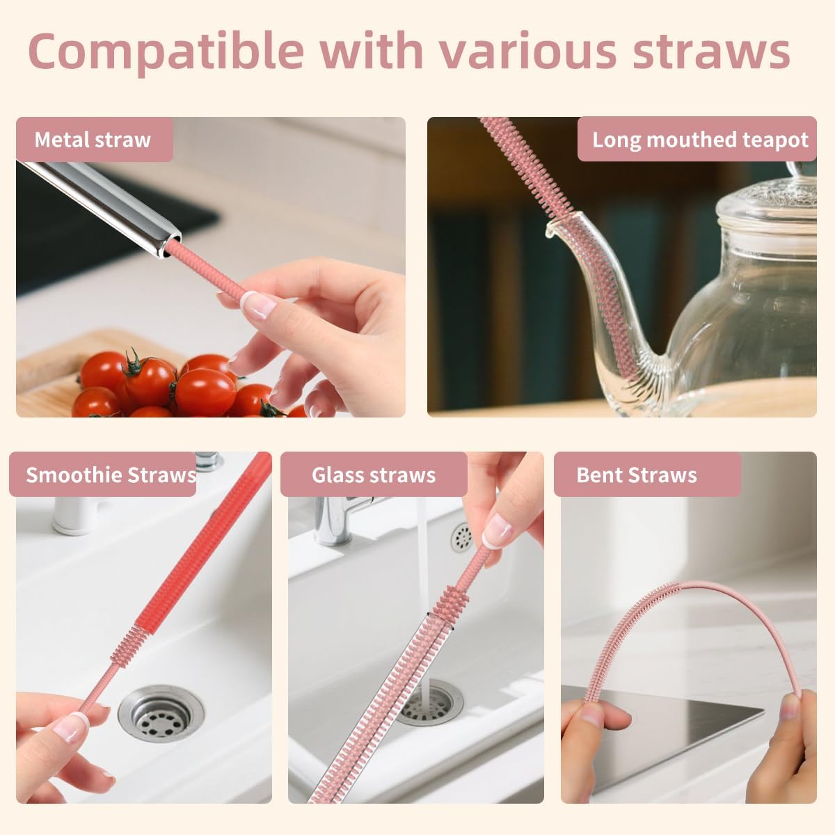 4PCS Silicone Straw Cleaner Brush, Reusable Straw Brush Extra Long for Cleaning Glass Metal