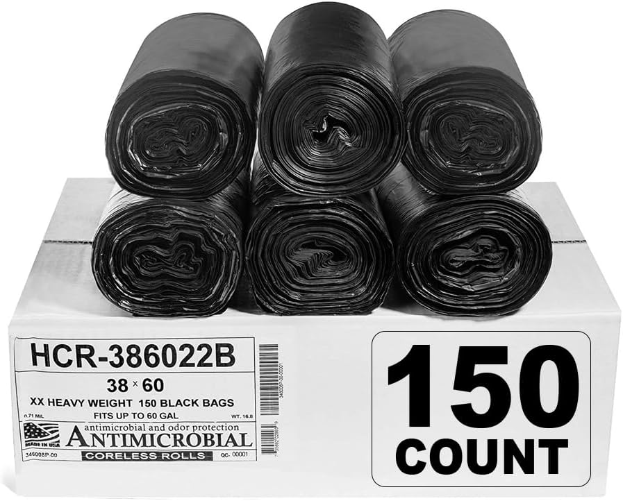 Aluf Plastics High Density Trash Bags, 60 Gallon, 150 Count, 22 Micron (eq), 38" x 60", Black, for
