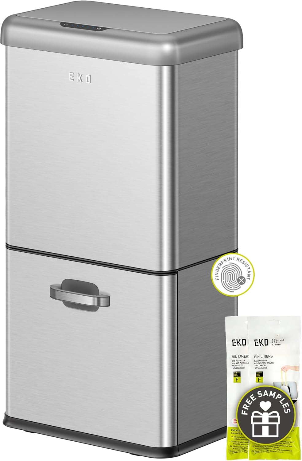 EKO Vintage 50L / 13.2 Gallon Motion Sensor Trash Can, Dual Compartment 32L + 18L Stainless Steel