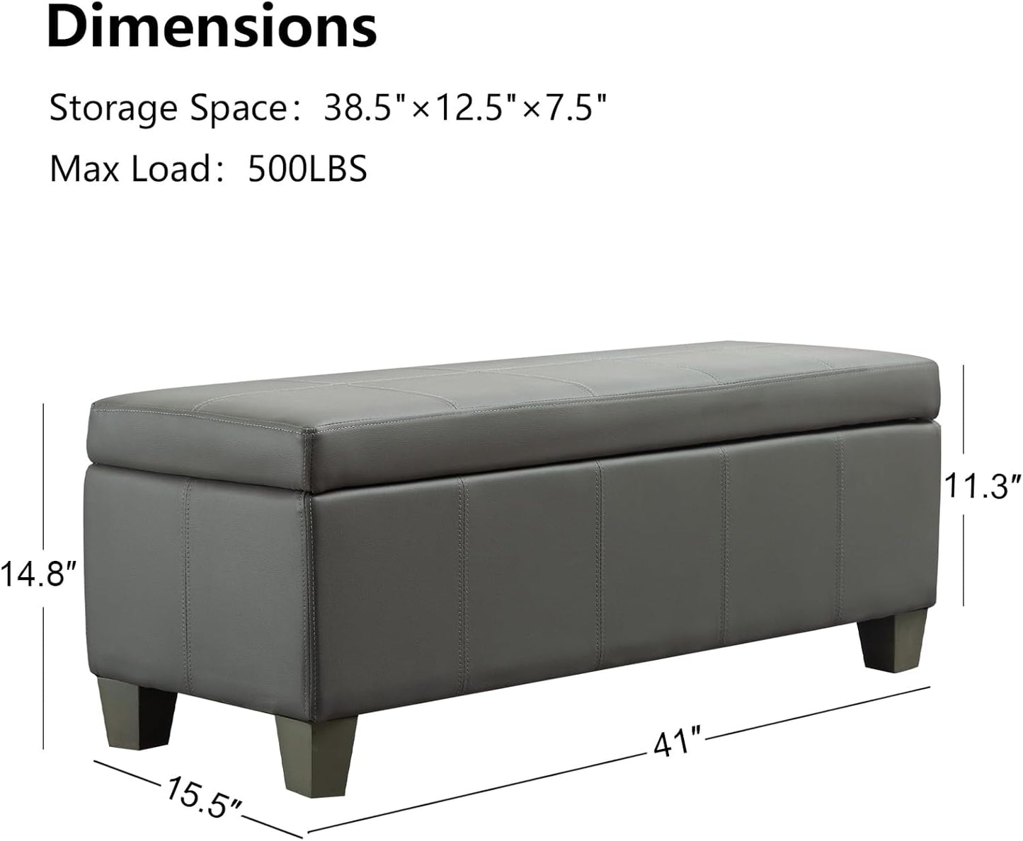 Grey Faux Leather Ottoman with Storage, Rectangular Extra Long Storage Bench for Bedroom and Living