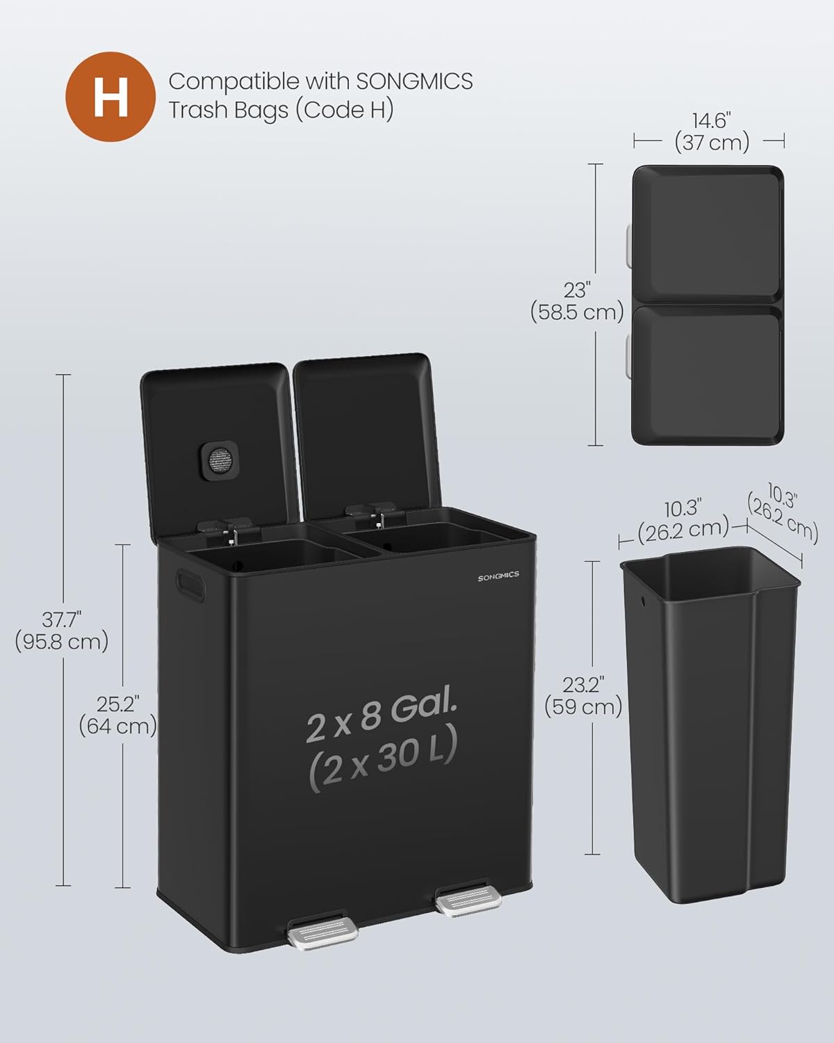 SONGMICS Trash Can, 2 x 8 Gallon (2 x 30 L) Double Garbage Can with Soft-Close Lids, Removable