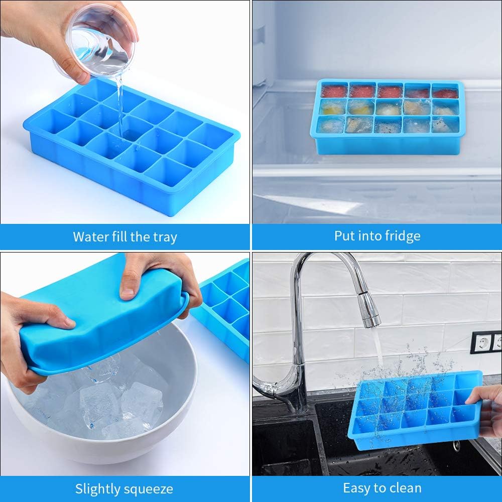2 Pack Ice Cube Trays, ZDPMK Silicone Easy Release Flexible Molds 15 Ice Cubes Tray for