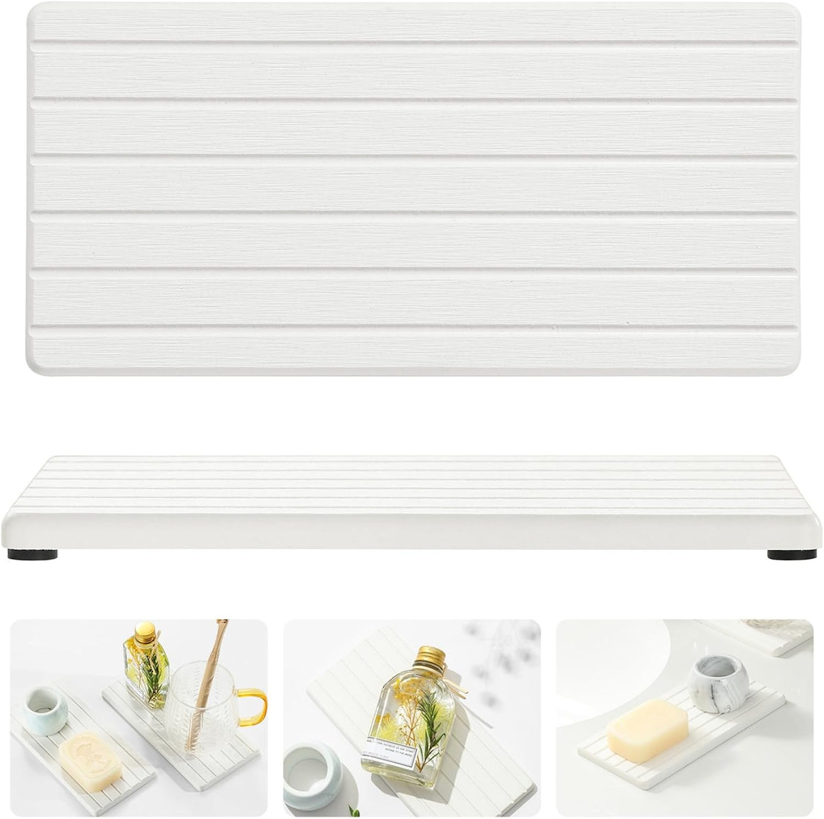 2PCS Water Absorbing Stone Drying Tray Mat For Bathroom Sink & Kitchen Counter Faucet Organizer