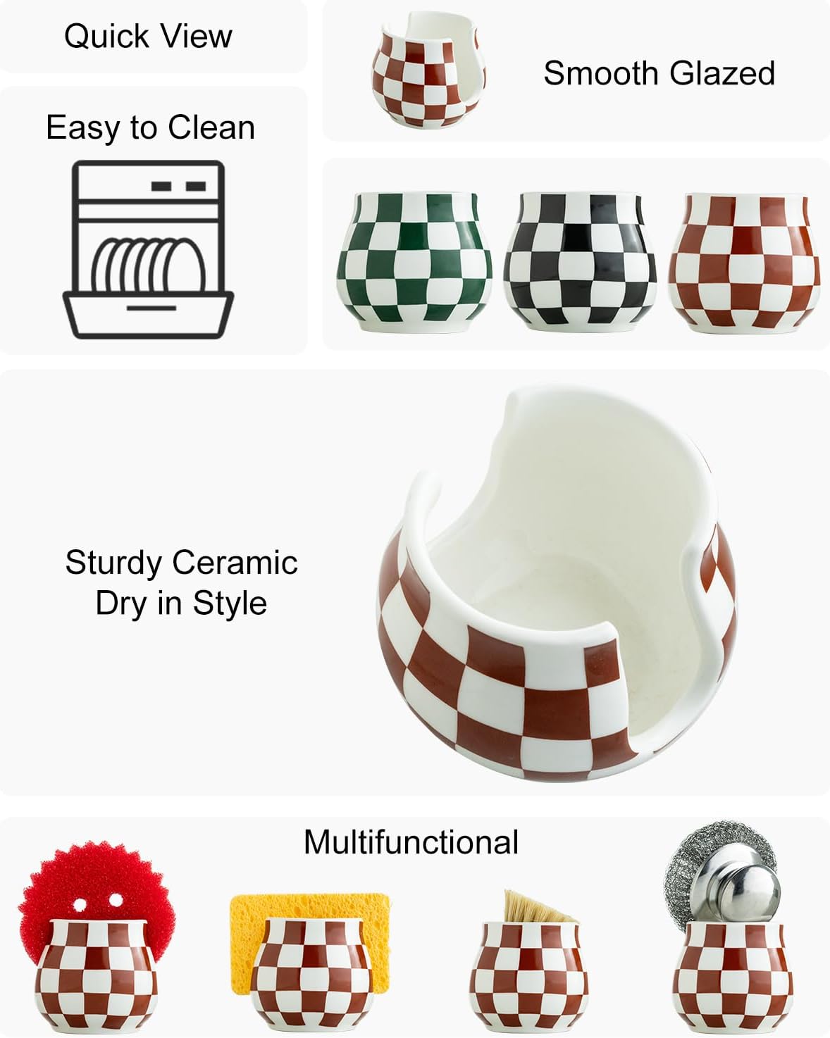 Checkered Sponge Holder for Kitchen Sink Counter, Ceramic Dish Sponge Caddy White Sink Organizer