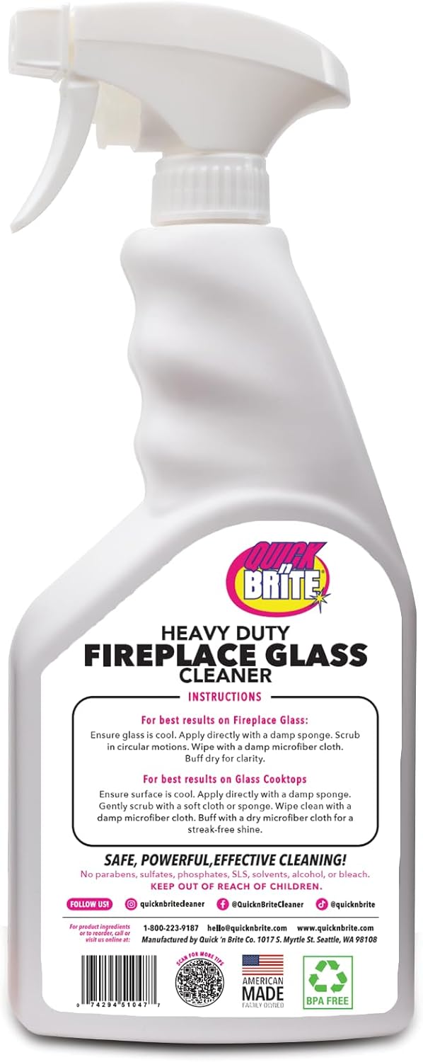 Quick N Brite Fireplace Glass Cleaner 24oz, Nonabrasive Cleaning Spray for Fireplace Glass, Oven