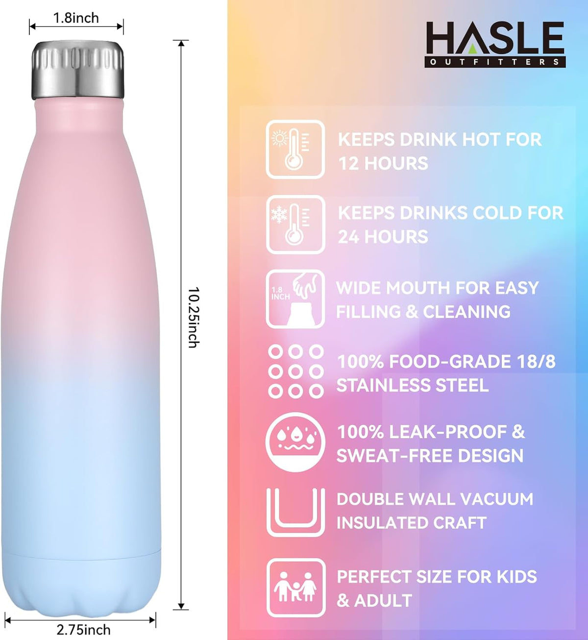 HASLE OUTFITTERS 17oz Stainless Steel Water Bottles Bulk, Vacuum Insulated Water Bottles Double