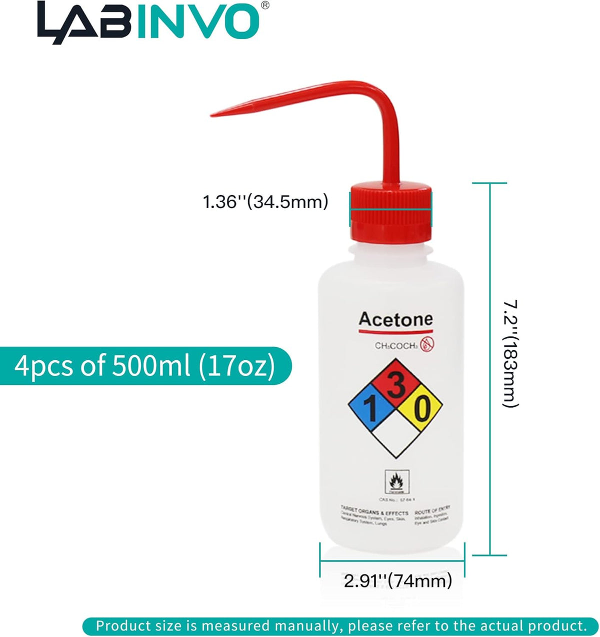 4pcs of Acetone Wash Bottles, Vol.500ml (17oz), Narrow Mouth, Self-Venting Safety Wash Bottles