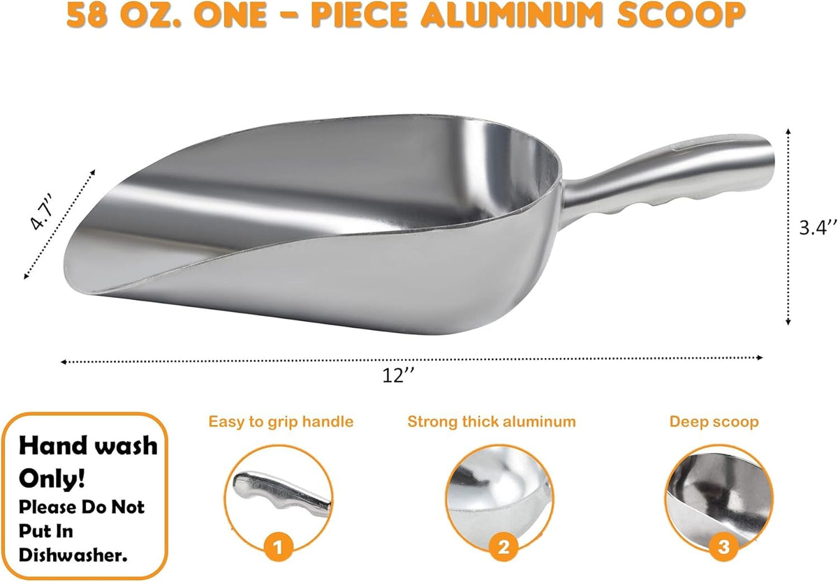 Cast Aluminum Utility Scoop - 58 oz. - Round Bottom, ice scoop For Multi-Purpose Use, With Finger