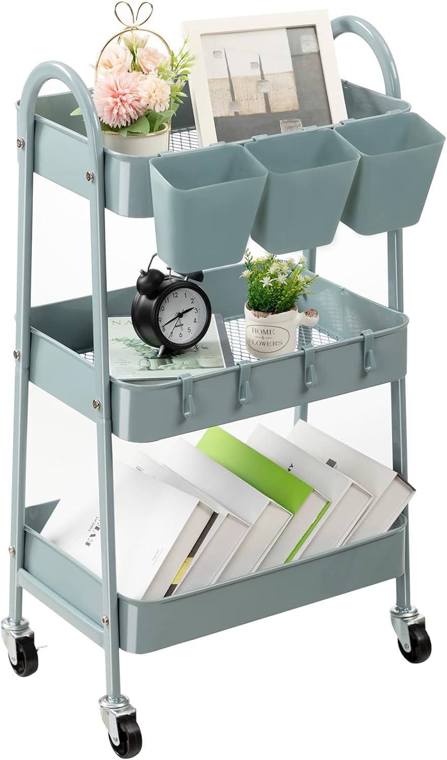 danpinera 3-Tier Rolling Cart, Metal Rolling Storage Cart with Lockable Wheels & Hanging Cups &