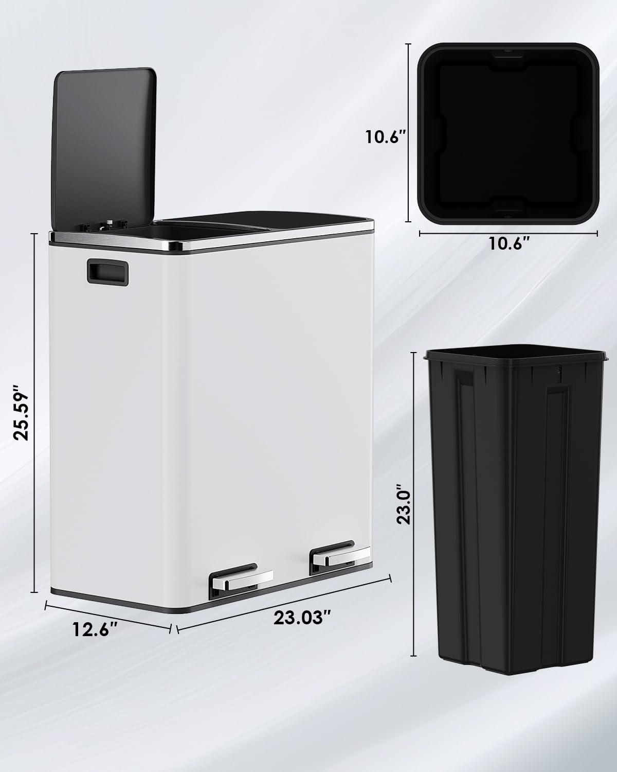Arlopu 16 GallonStainless Steel Trash Can, 60L Dual Compartment, Metal Kitchen Step Recycle Bin