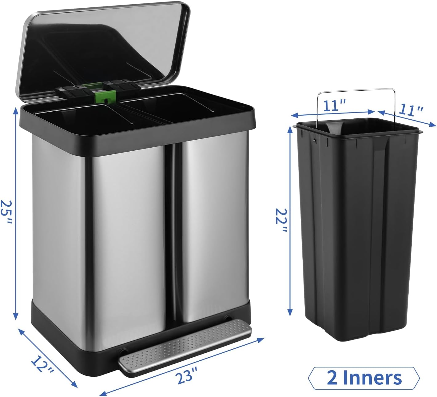 16 Gallon Dual Compartment Trash Can, Hands-Free Recycling Rectangular Garbage Bin, Stainless Steel