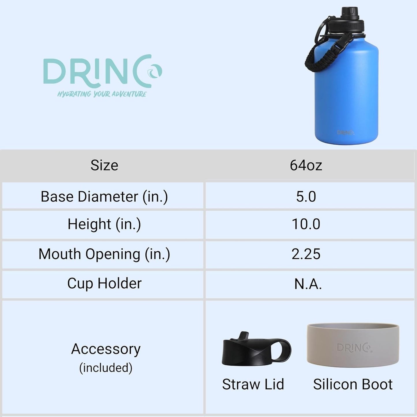 Drinco Stainless Steel Water Bottle Spout Lid Vacuum Insulated Double Wall Water Bottle Wide Mouth